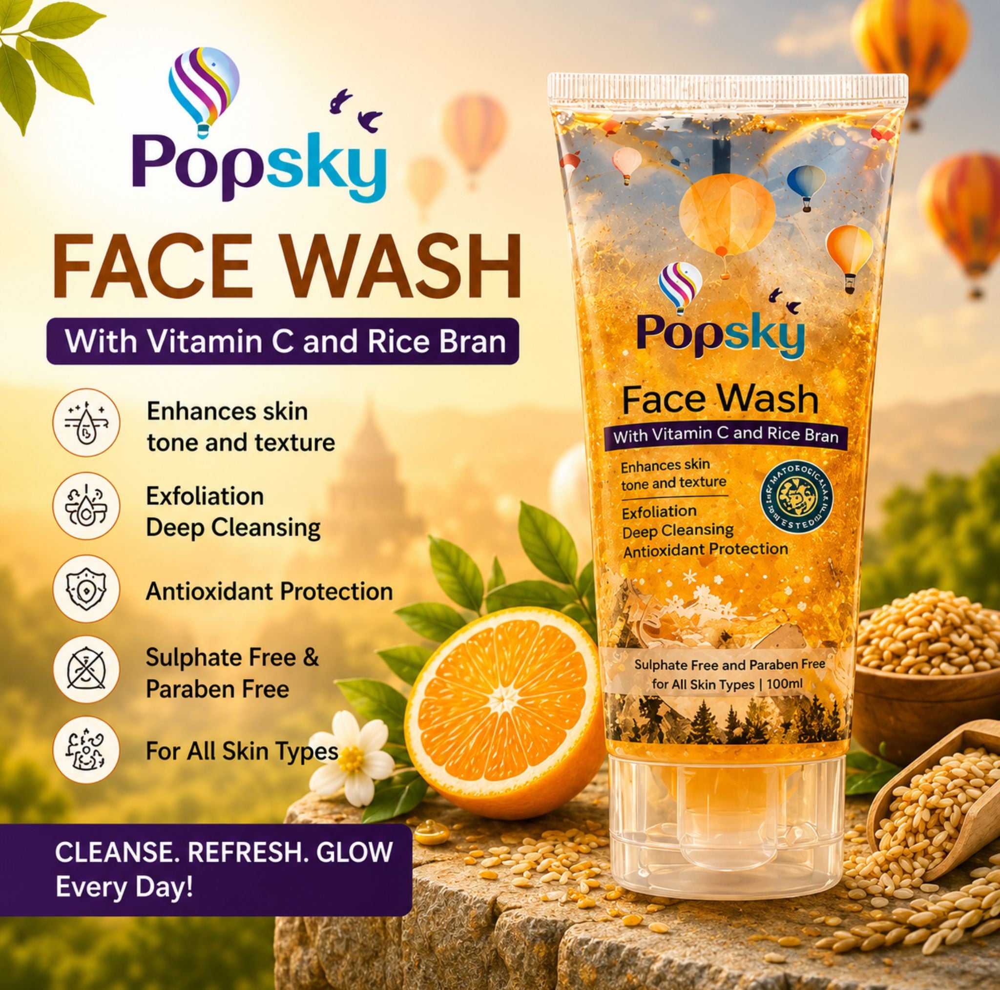 Popsky Vitamin C, Rice Bran & Scrubbing Particles Deep Cleanse Tan Removal Men & Women Face Wash (100 ml)