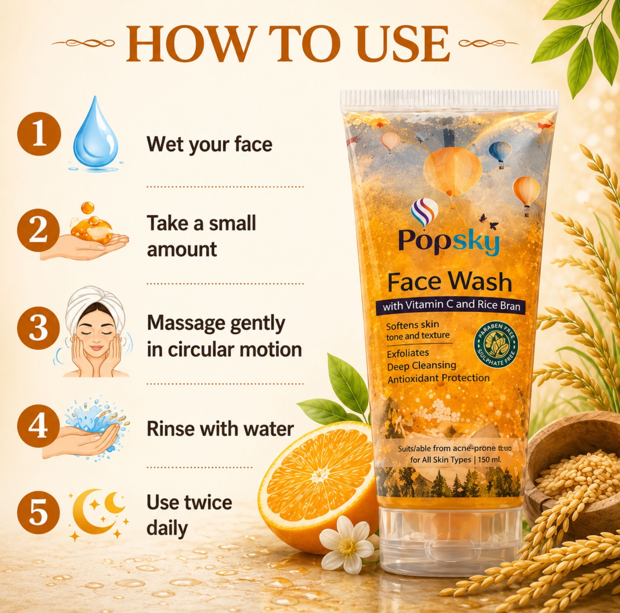 Popsky Vitamin C, Rice Bran & Scrubbing Particles Deep Cleanse Tan Removal Men & Women Face Wash (100 ml)