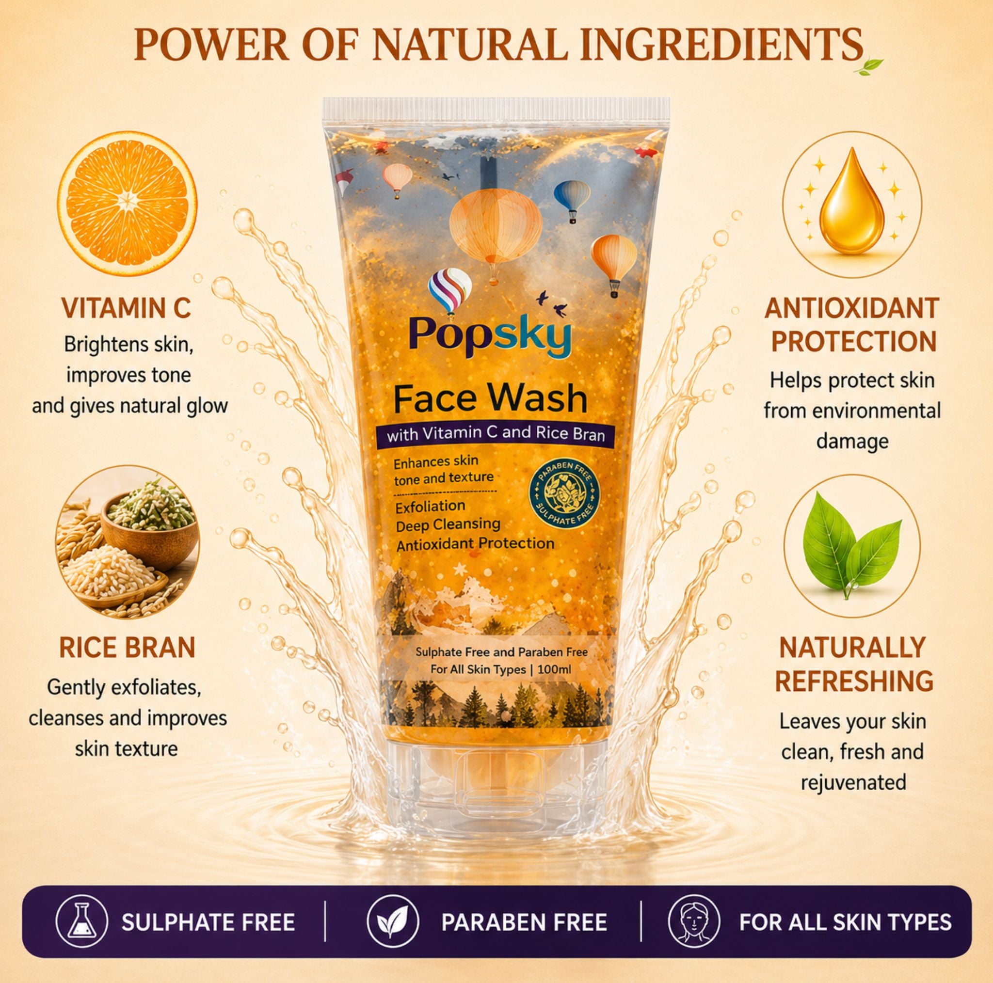 Popsky Vitamin C, Rice Bran & Scrubbing Particles Deep Cleanse Tan Removal Men & Women Face Wash (100 ml)