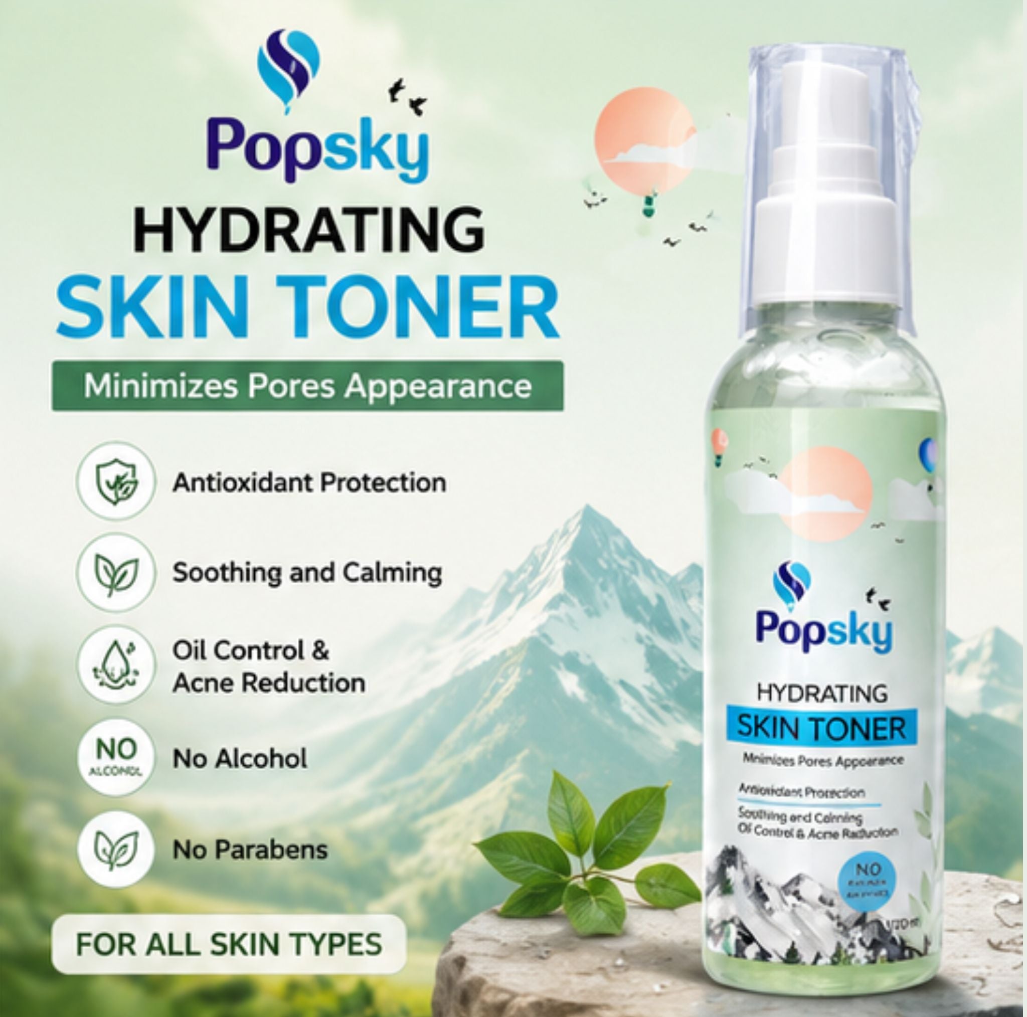 POPSKY Hydrating Skin Toner with Green Tea Extract | Refreshing Oil Control Toner for Men & Women | 100 ml