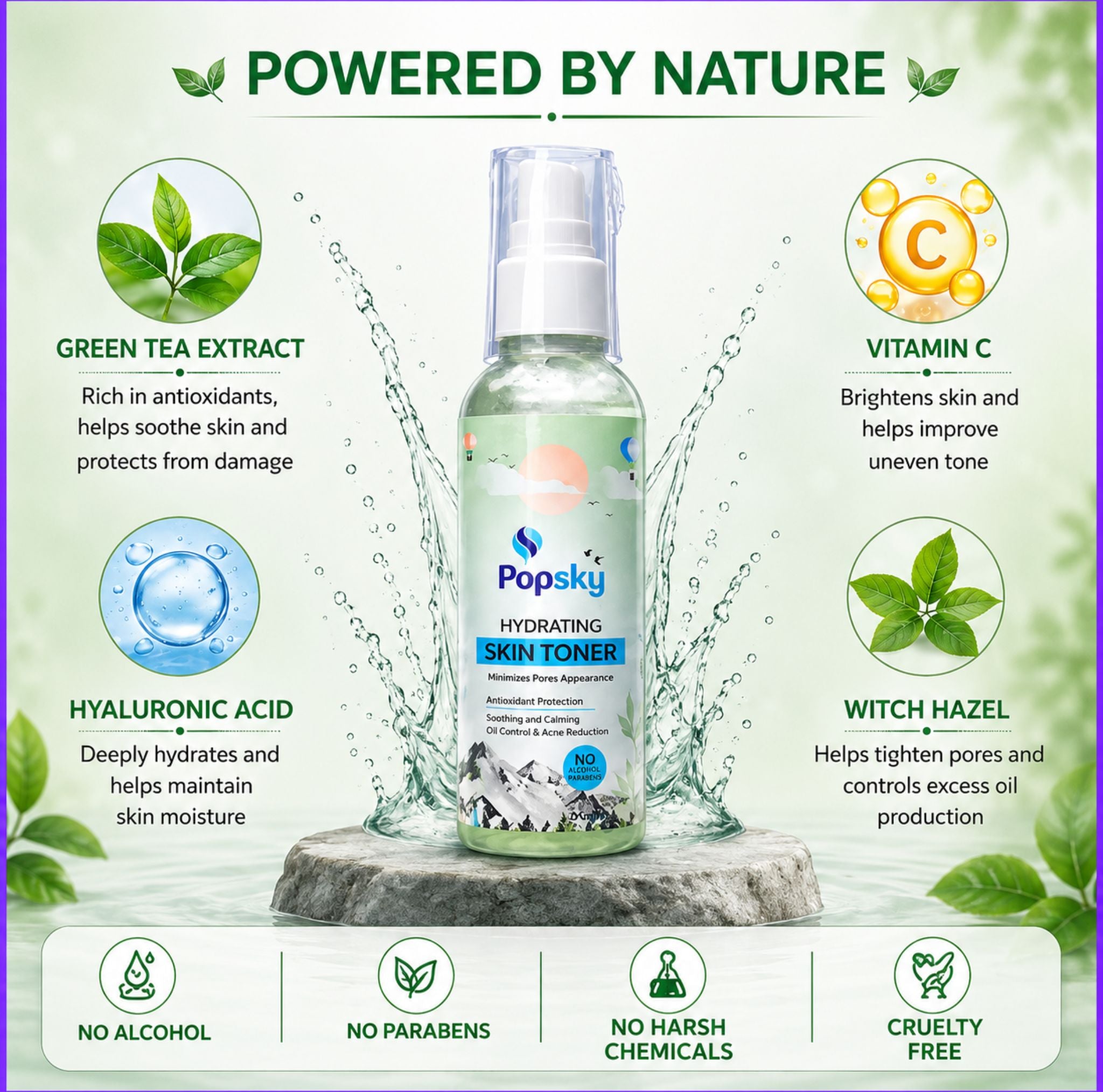 POPSKY Hydrating Skin Toner with Green Tea Extract | Refreshing Oil Control Toner for Men & Women | 100 ml