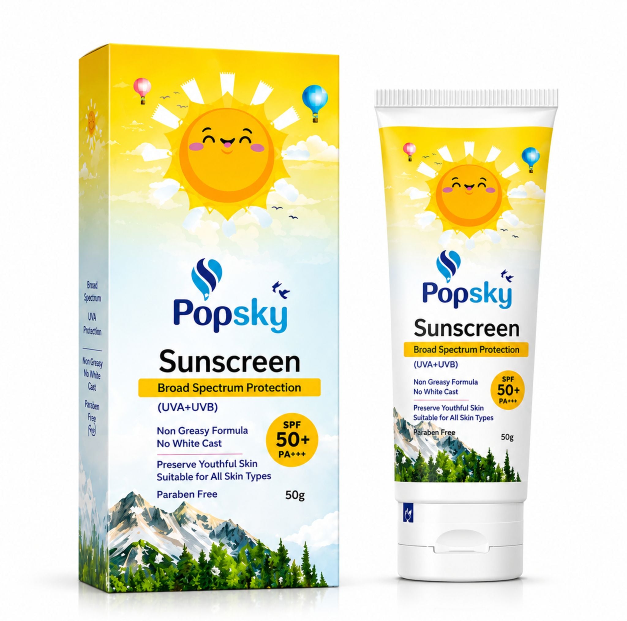 Popsky Sunscreen SPF 50+ PA+++ | Broad Spectrum UVA & UVB Protection | Lightweight & Non-Greasy | No White Cast | 50g