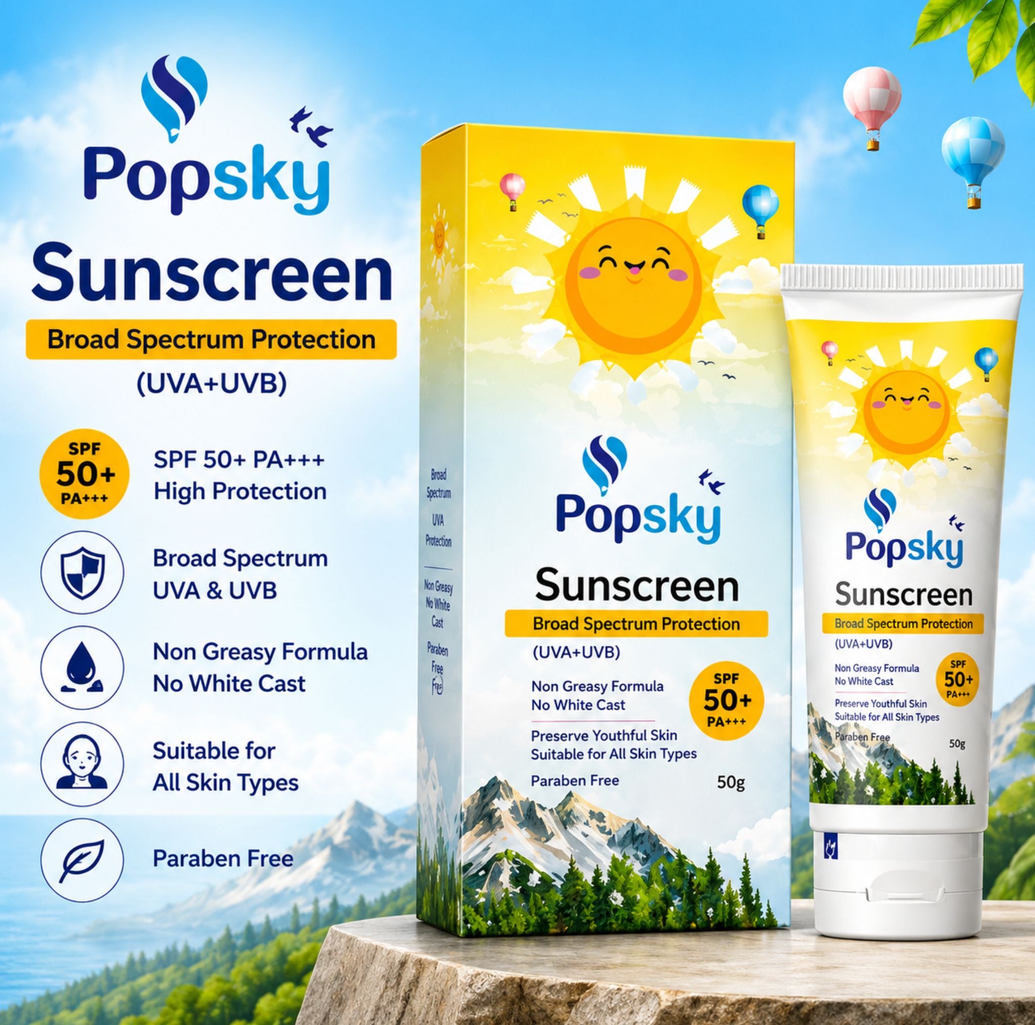 Popsky Sunscreen SPF 50+ PA+++ | Broad Spectrum UVA & UVB Protection | Lightweight & Non-Greasy | No White Cast | 50g