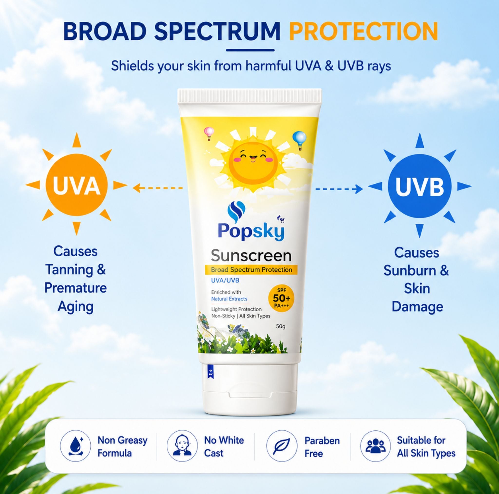 Popsky Sunscreen SPF 50+ PA+++ | Broad Spectrum UVA & UVB Protection | Lightweight & Non-Greasy | No White Cast | 50g