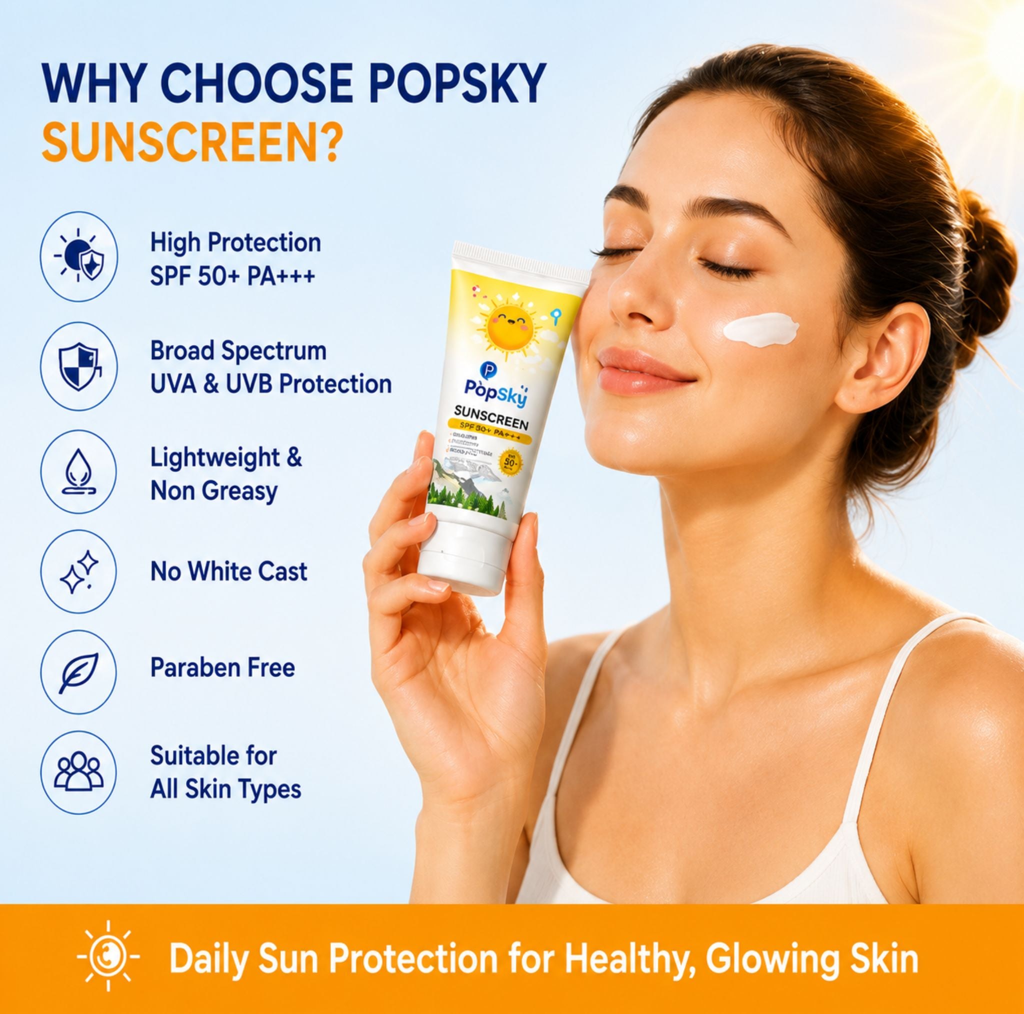 Popsky Sunscreen SPF 50+ PA+++ | Broad Spectrum UVA & UVB Protection | Lightweight & Non-Greasy | No White Cast | 50g
