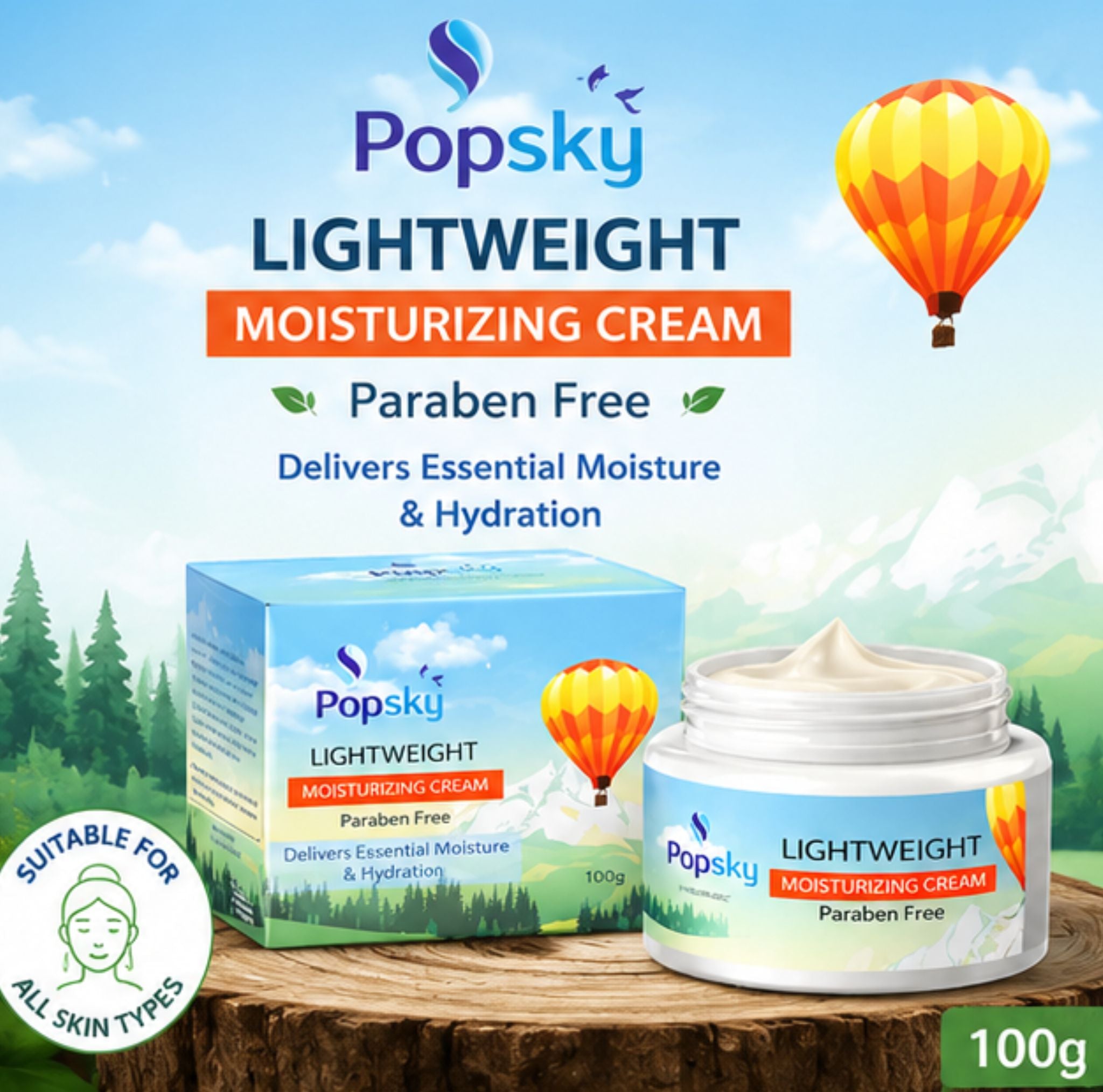 POPSKY Lightweight Moisturizing Cream for Face | Vitamin E & Jojoba Oil | Paraben-Free | 100g