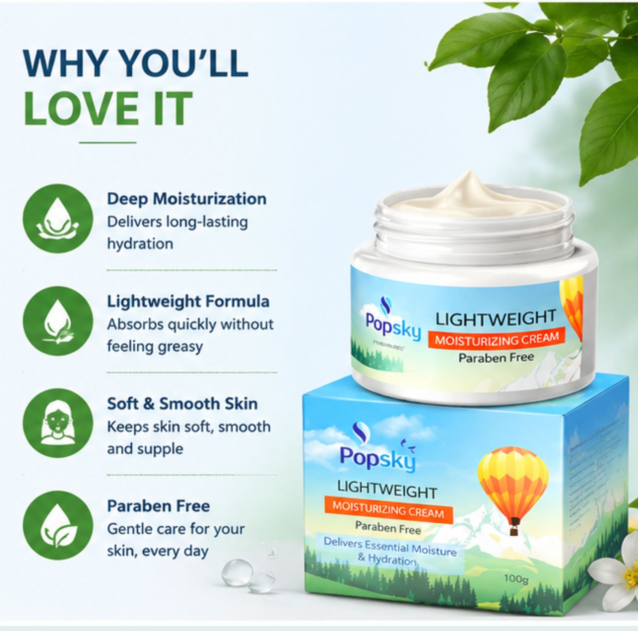 POPSKY Lightweight Moisturizing Cream for Face | Vitamin E & Jojoba Oil | Paraben-Free | 100g