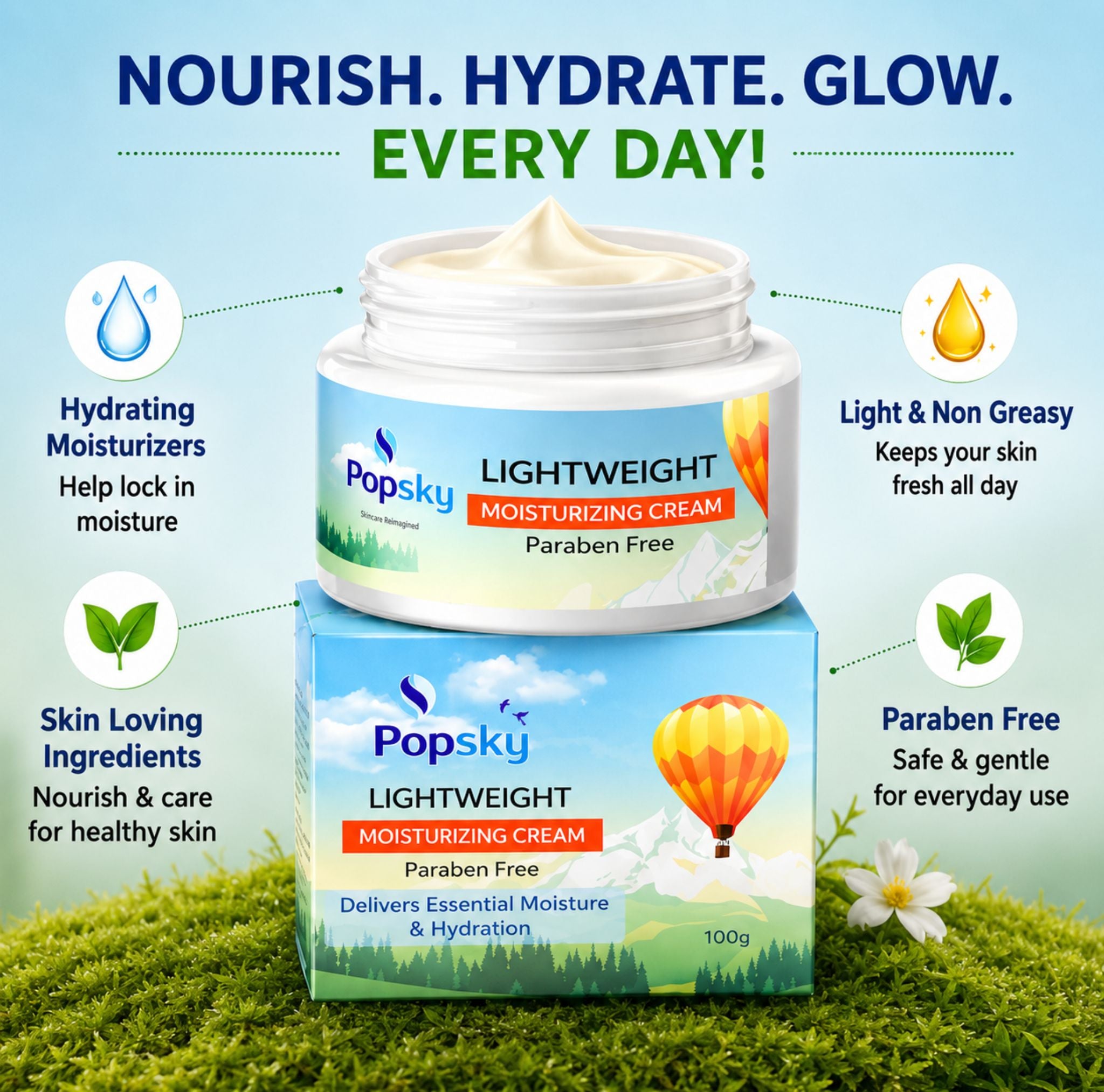 POPSKY Lightweight Moisturizing Cream for Face | Vitamin E & Jojoba Oil | Paraben-Free | 100g