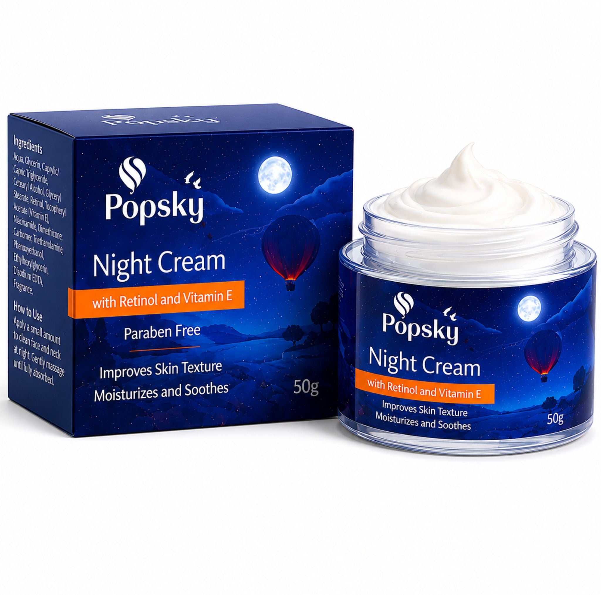 Popsky Night Cream with Retinol & Vitamin E | Overnight Repair & Deep Hydration | Paraben Free | 50g