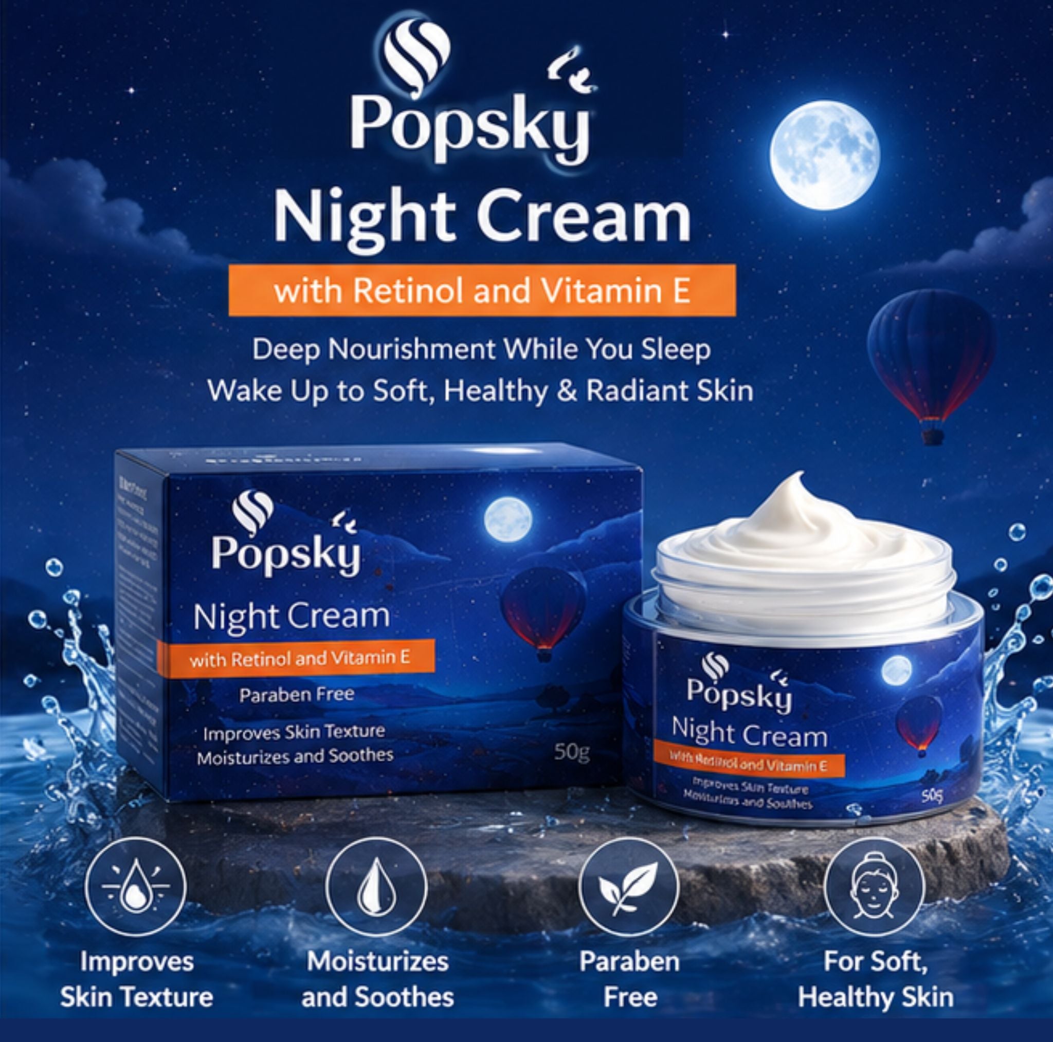 Popsky Night Cream with Retinol & Vitamin E | Overnight Repair & Deep Hydration | Paraben Free | 50g