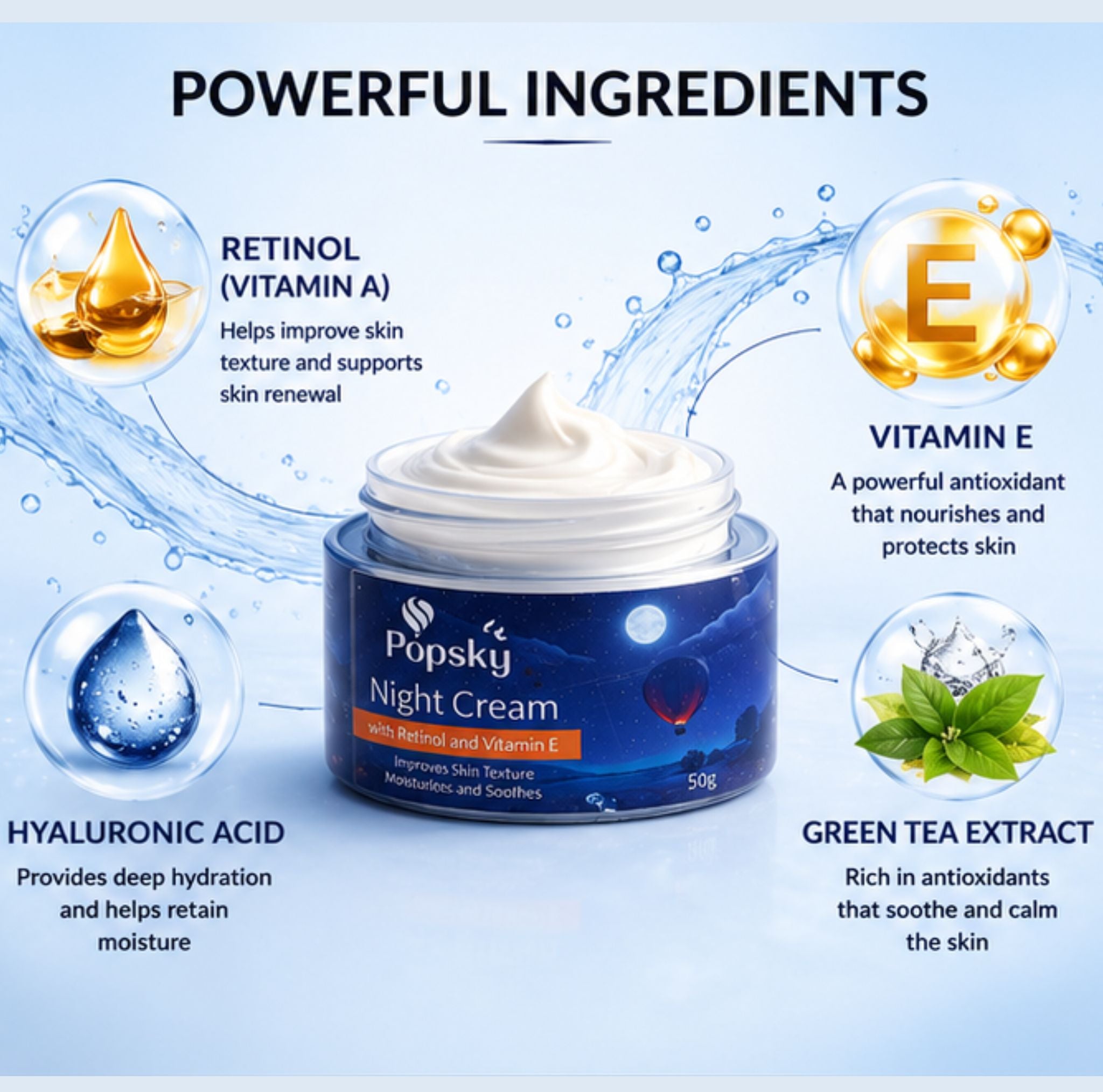 Popsky Night Cream with Retinol & Vitamin E | Overnight Repair & Deep Hydration | Paraben Free | 50g